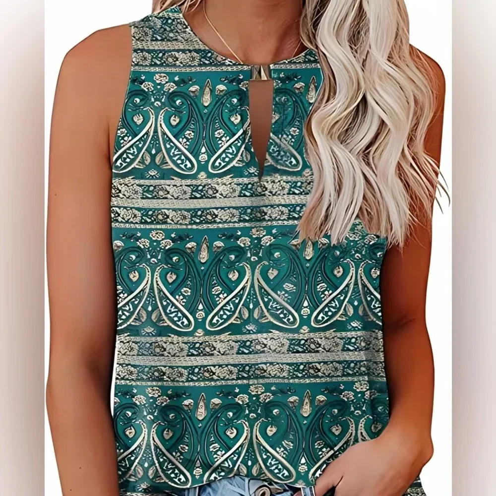 NWT Green Boho Tank Top W/Keyhole - Picture 1 of 3